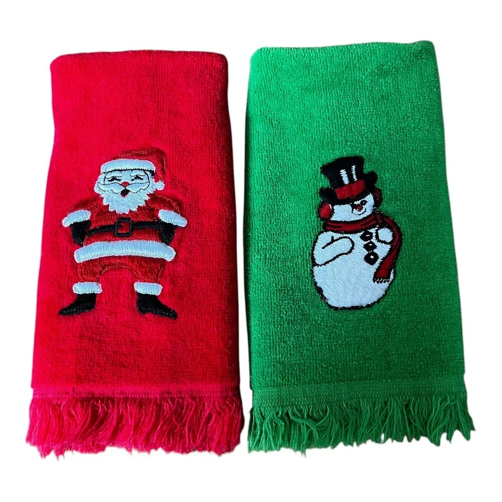 Lot Of 2 VTG Martex Xmas Santa Snowman Red Green Fingertip Hand Towels Bathroom